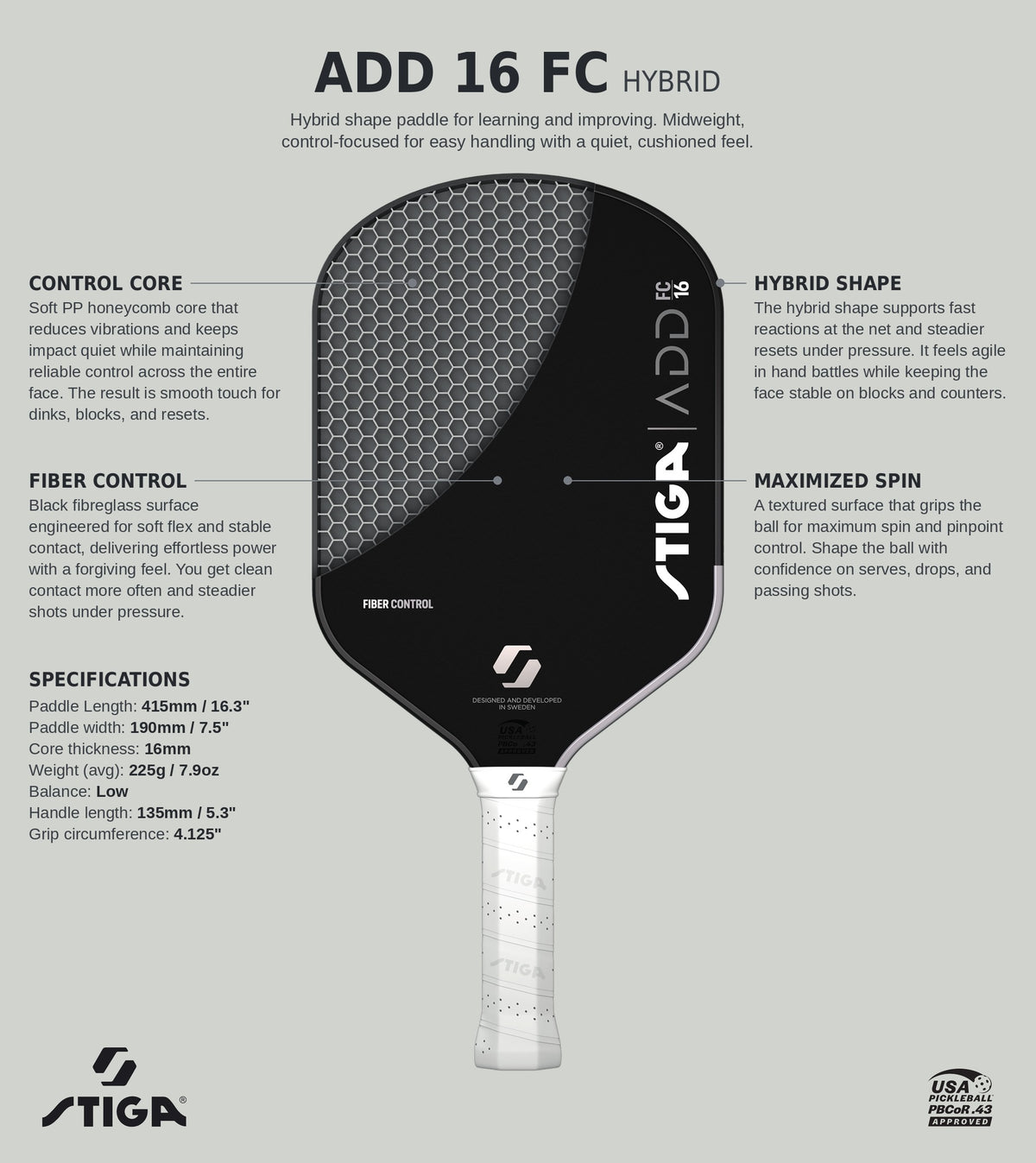 Stiga ADD 16 Fiber Control Pickleball Paddle