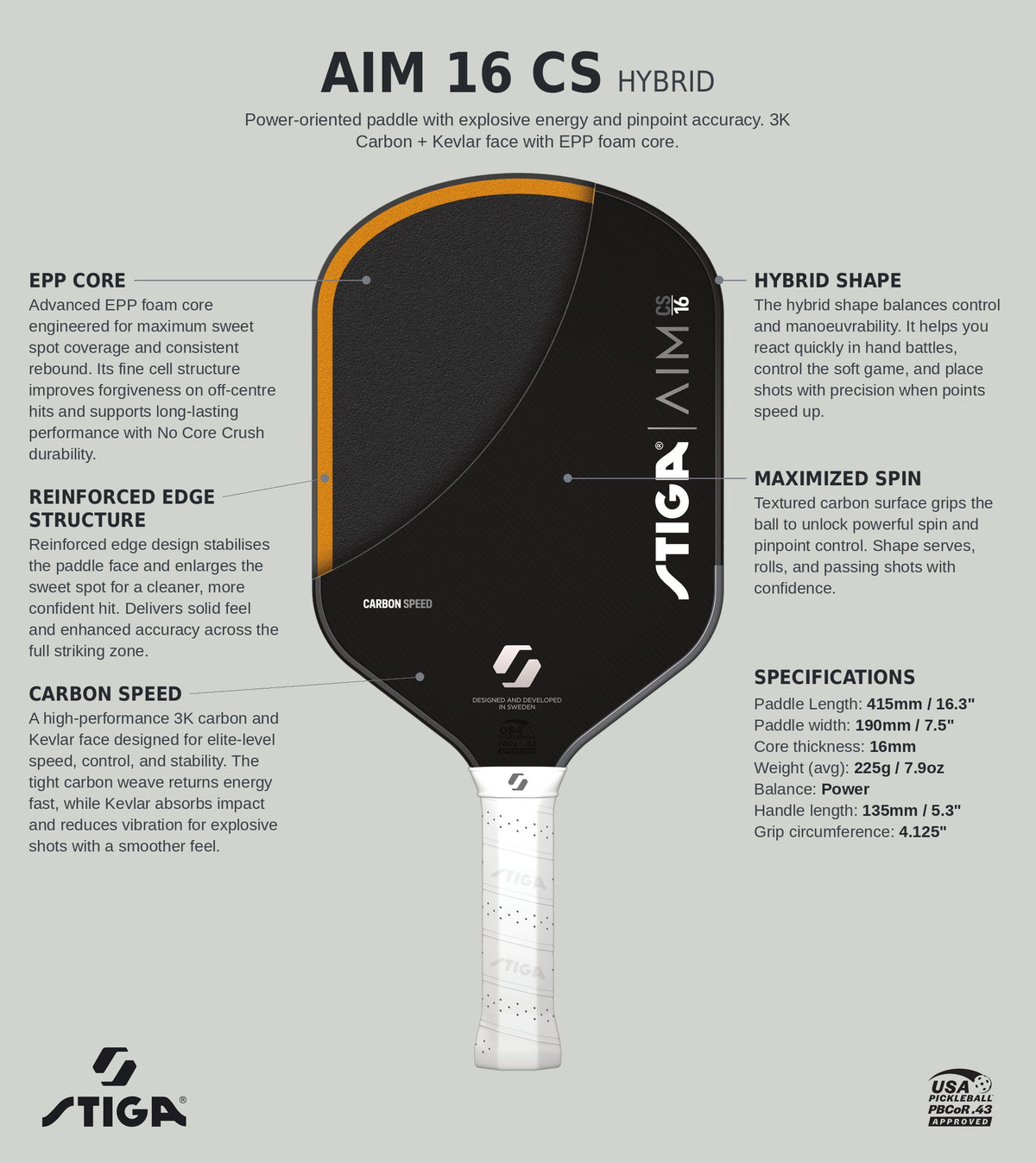 Stiga AIM 16 Carbon Speed Hybrid Pickleball Paddle