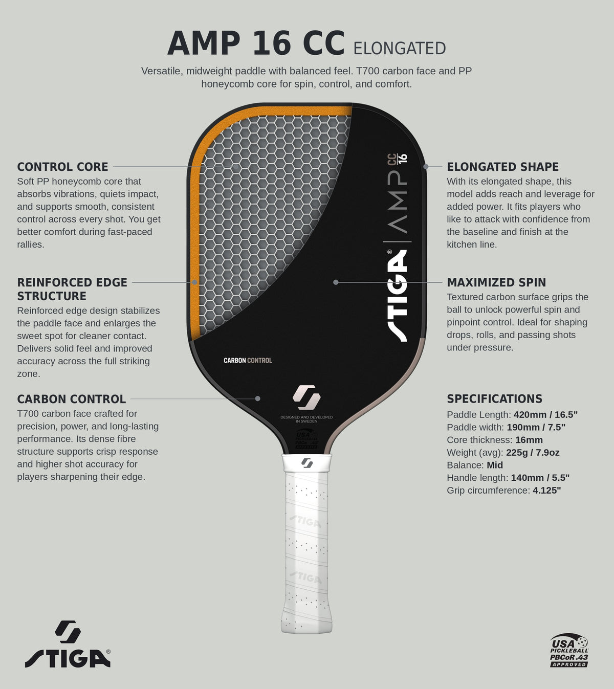 Stiga AMP 16 Carbon Control Elongated Pickleball Paddle