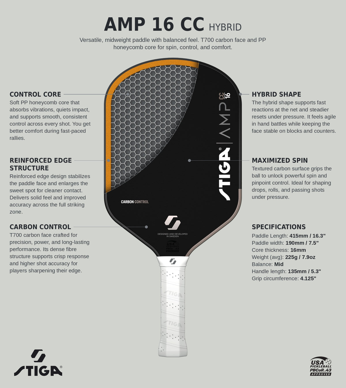 Stiga AMP 16 Carbon Control Hybrid Pickleball Paddle